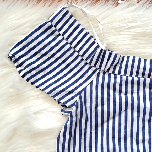 Dizzylizzy Navy Blue Striped Scoop Neck Off Shoulder Nautical Embroidered Top M - Picture 6 of 17